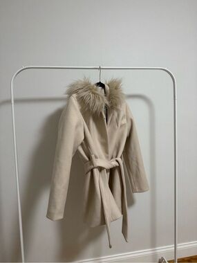 H&M Cream Wrap Trench Coat with Faux-Fur Hood